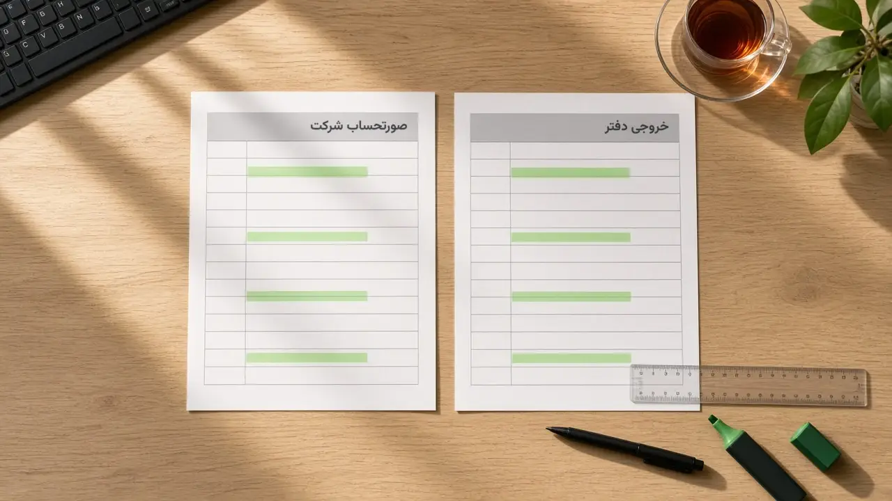 تطبیق خروجی دفتر نمایندگی با صورتحساب شرکت بیمه روی میز کار؛ ردیف‌های هم‌خوان دو برگه با ماژیک سبز علامت خورده و خط‌کش کنارشان است