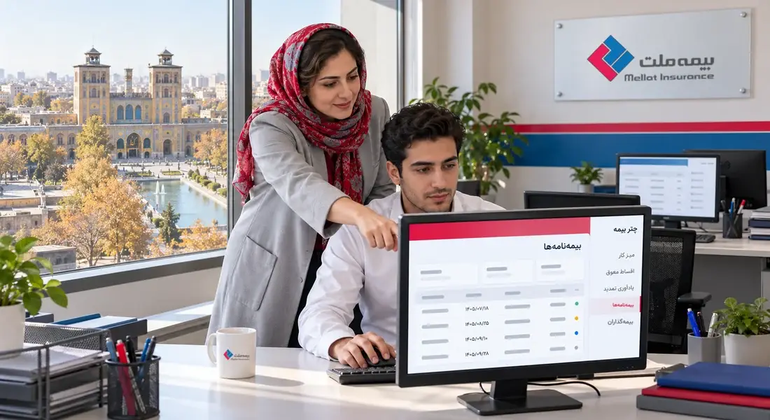 سرپرست تیم نمایندگی بیمه ملت کنار همکارش، با فهرست بیمهنامههای هر کارشناس در چتر بیمه و کاخ گلستان پشت پنجره