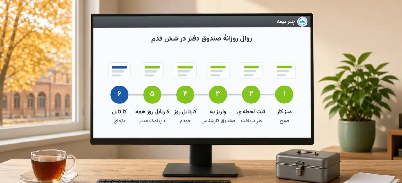 روال روزانهٔ صندوق دفتر نمایندگی بیمه در شش قدم روی صفحهٔ چتر بیمه: میز کار صبح، ثبت لحظهای هر دریافت، صندوق کارشناس، کارتابل روز، پیامک گزارش به مدیر و کارتابل بازهای